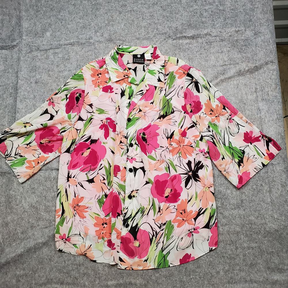 Maggie Barnes Top Womens 28W Twofer Button Front Half Sleeve Floral Watercolor